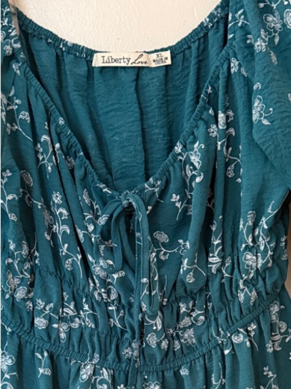 Liberty Love Teal Floral Tie-Front Peasant Tunic